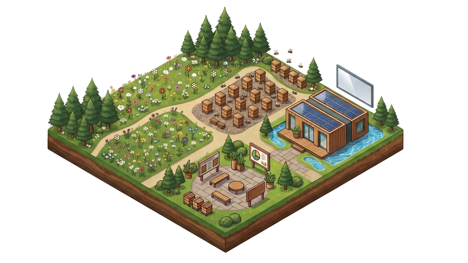 Illustrazione isometrica di un Bee Park ApiPRO: prato fiorito con sentieri, area apiario con file di arnie su ghiaia, spazio multifunzionale con panche e pannelli didattici, e BeePark Office con pannelli solari
